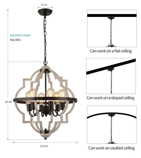 Farmhouse Rustic Chandelier With ORB Finish And Oak Tone, 6 Light Vintage Antique Pendant Light Fixture dimensions and ceiling compatibility