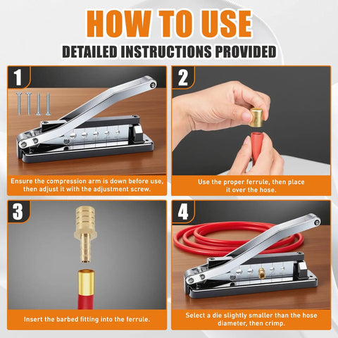 Beefed-Up Bench Hose Crimper Kit With Five Dies And 100 Ferrules showing step-by-step use instructions for crimping hoses.