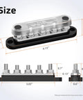 Heavy Duty 150A Marine Bus Bar Power Distribution Block For Cars Rv Boats And Solar Sets showing size dimensions and measurements.