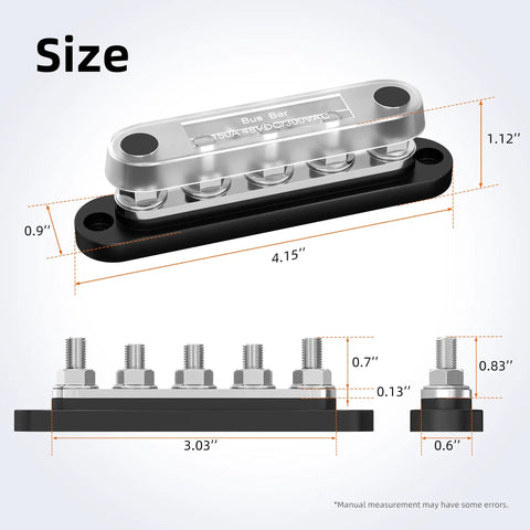 Heavy Duty 150A Marine Bus Bar Power Distribution Block For Cars Rv Boats And Solar Sets showing size dimensions and measurements.