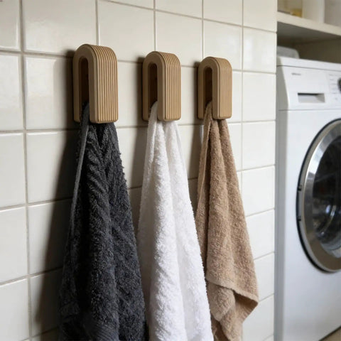 Premium Wall Mount Automatic Locking Towel Hook With Smart Space Saving Design And No Sweat Storage For Daily Grind In Slick Matte Black Finish For Any Modern Setup, holding three towels.