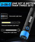 6500 Lumen Rechargeable Flashlight With 3 In 1 LED Work Light, Magnetic Base, Pick Up Tool, 5000mAh Battery, Blue design