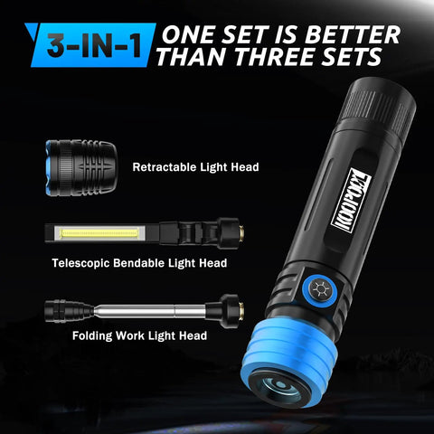 6500 Lumen Rechargeable Flashlight With 3 In 1 LED Work Light, Magnetic Base, Pick Up Tool, 5000mAh Battery, Blue design