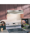 Under-Cabinet 30-Inch Range Hood With Two-Speed Exhaust Fan And Light In Stainless Steel For Kitchen Ventilation Delivers Up To 230 CFM And 6.0 Sones With Easy Install And Quiet Modern Look installed under kitchen cabinets above stove.