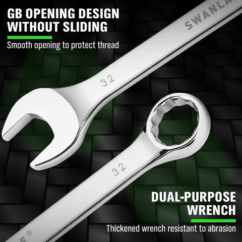All Purpose Wrench Set With Rolling Pouch Metric And Standard Sizes 23mm 24mm 26mm 27mm 30mm 32mm Heat Treated CR-V Steel 12 Point Box End Wrenches Long Master Mechanic Pro Grade Tool Set For Garage And Home Use showing GB opening design and dual-purpose wrench.
