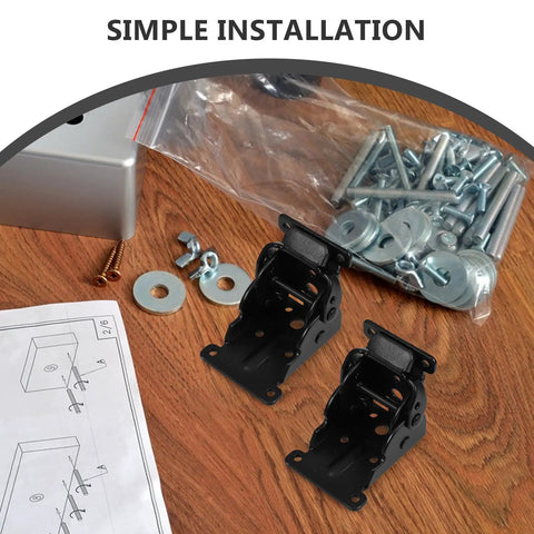 Self Locking Folding Table Leg Brackets 4 Pack with installation hardware on wooden surface