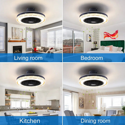 Bladeless Ceiling Fan With Lights Remote Control 21 Inch in living room, bedroom, kitchen, and dining room settings.