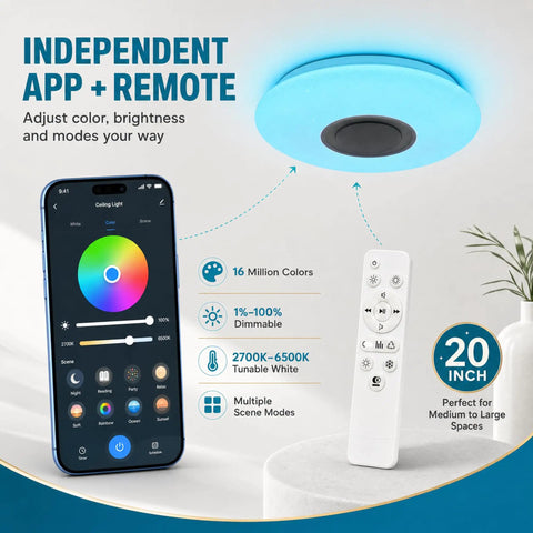 Smart Ceiling Light With Bluetooth Speaker 19.7 Inch 36W Dimmable 95 To 265V Energy Saving Modern Home Party Lighting Control Brightness And Music Via Phone App And Remote