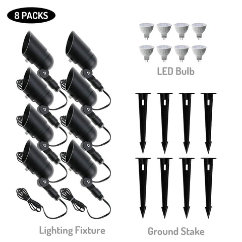Low Voltage 4W LED Landscape Lights 8 Pack Waterproof Outdoor Spotlights with bulbs and ground stakes, black finish