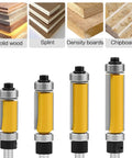 Four Piece Flush Trim Router Bit Set With One Quarter Inch Shank And Dual Bearings, carbide blades for clean cuts on laminate.