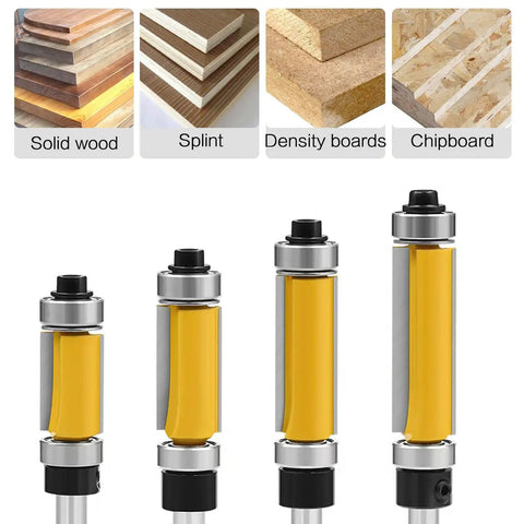 Four Piece Flush Trim Router Bit Set With One Quarter Inch Shank And Dual Bearings, carbide blades for clean cuts on laminate.