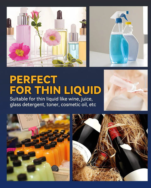 Automatic Liquid Filling Machine Makes Bottling A Cinch With One Touch Digital Control, suitable for thin liquids like juice and oils.