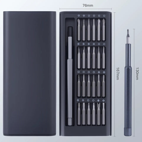 Pro Grade All In One 25in1 Precision Screwdriver Set With Magnetic Mini Repair Kit in open case showing 24 bits and handle