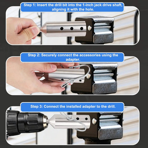 Step-by-step images showing Heavy Duty Trailer Jack Drill Adapter For 1 Inch Drive Shaft with stainless steel design and drill attachment.