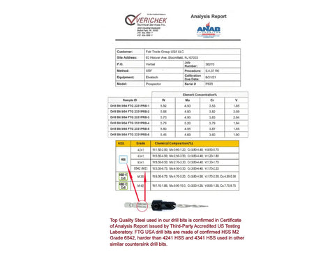 Certificate analysis report highlighting quality steel for Six Piece 9 64th Inch Wood Countersink Drill Bit Set With Parabolic Flute Tapered Bits Depth Stop Collar And Hex Wrench For Quick Clean Chips And Killer Finishes