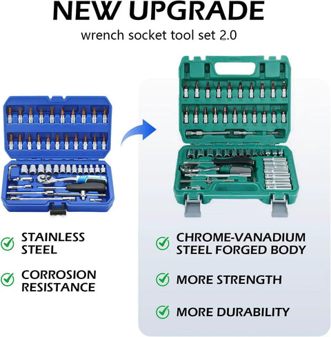 Comparison of new 53 Piece Metric Motorcycle Tool Kit with chrome-vanadium body and older stainless steel set with corrosion resistance.