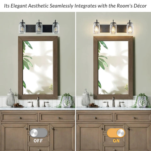 Mason Jar Vanity Glass Wall Lights Black Wall Sconce For Bathroom Farmhouse Decor, Modern Rectangular Backplate Mount, Lit Ambient Glow For Living Room Bedroom Kitchen Powder Room And Hallway