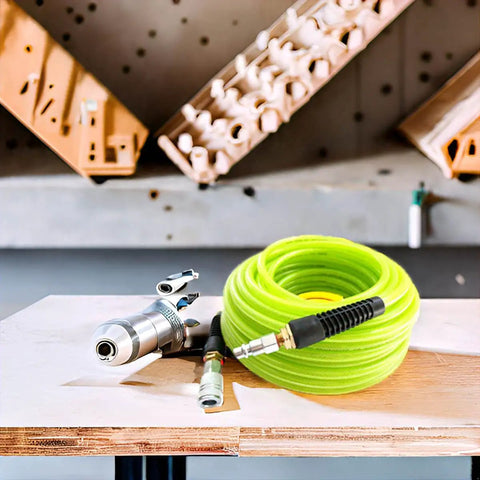Coiled Reinforced Polyurethane 3/8 Inch ID Air Hose, 100 Ft, 300 PSI, wear-resistant green with coupler and plug on workspace.