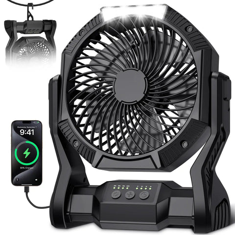 Portable Rechargeable Camping Fan With 20000mAh Battery, LED Light, built-in power bank charging a phone