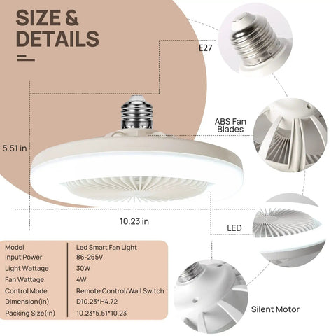 Diagram showing features of Tiny 10 Inch Ceiling Fan With Light Remote Control Three Speeds And Three Color Dimming Plug In Ceiling Fan