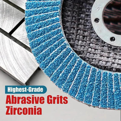 Close-up of blue zirconia abrasive disc, 4 1/2 x 7/8 in, 80 grit, for grinding and finishing metal
