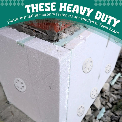 Top Shelf Professional Grade 250 Pack Heavy Duty Plastic Masonry Fasteners With Secure Washers securing foam board insulation.