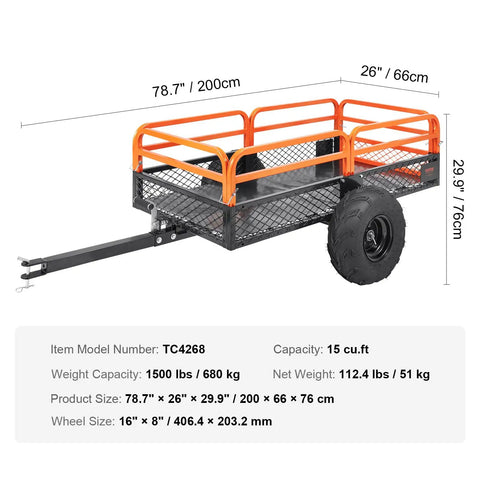 Tow Behind Dump Cart For Lawn And Garden 1500 Pound Capacity 15 Cubic Feet Heavy Duty Yard Garden Trailer dimensions view
