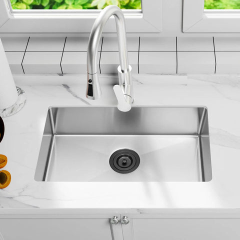 Modern kitchen sink with stainless steel finish, featuring the Gold Kitchen Sink Drain Assembly With Deep Removable Waste Basket, Strainer And Stopper For Three And A Half Inch Openings, Fits Stainless Steel And Quartz Farmhouse Sinks.