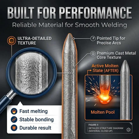 Close-up of Low Temp Welding Rod Set for Aluminum, Copper, Stainless Steel and Iron with molten metal and textured detail.