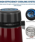 No Fuss Go To Water Distiller For Countertop Home Use With Heavy Duty Stainless Steel Build And Automatic Shutoff Making One Full Gallon Of Crisp Sip Daily Inside A Bpa Free Glass Jug With Bold Red Finish showing cooling system with aluminum fan and stainless coil tube.