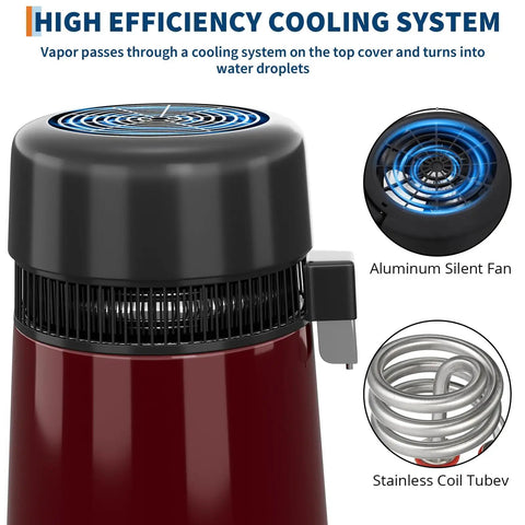 No Fuss Go To Water Distiller For Countertop Home Use With Heavy Duty Stainless Steel Build And Automatic Shutoff Making One Full Gallon Of Crisp Sip Daily Inside A Bpa Free Glass Jug With Bold Red Finish showing cooling system with aluminum fan and stainless coil tube.
