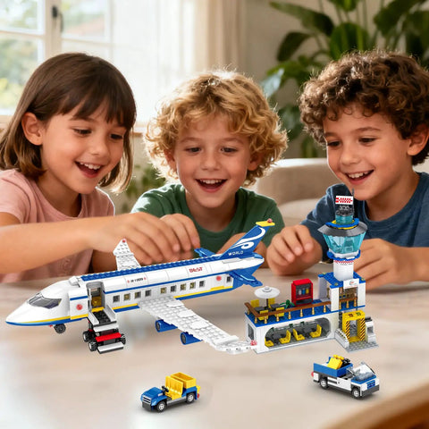 Children playing with 880 Piece City Airport Terminal Building Set, 6 In 1 Airplane Building Blocks Toy For STEM Aircraft Bricks.