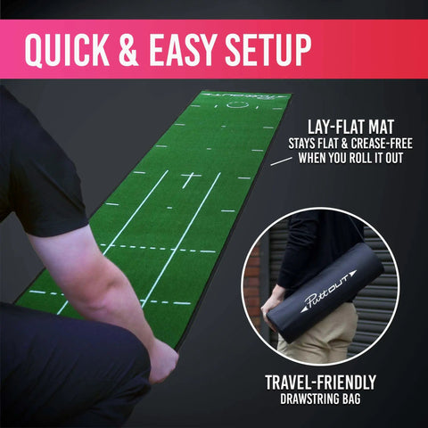 Medium Putting Mat For Home Golf Practice, 7.9ft x 1.6ft green, smooth roll, rubber-backed nylon surface with easy setup
