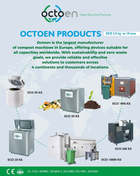 Octoen compost machines range, including models ECO 05 to ECO 10000 KS, suitable for various capacities and global use.