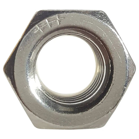 Close-up view of Top Shelf No Twelve Twenty Four Nylon Insert Hex Lock Nut cast from corrosion resistant eighteen eight stainless steel.