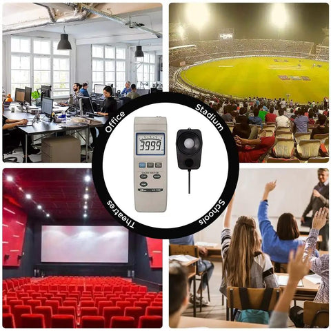 Portable Lux Meter With Five Range Illuminance From 40.00 To 400.0 Lux Up To 400000 Lux LCD Four Digit Readout With Bar Graph Photo Diode Sensor Color Correction Filter CIE Cosine Correction Includes Factory Calibration Certificate Model LX1102 in office, stadium, theater, and classroom