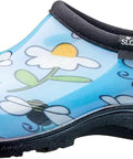 Women's Waterproof Rain Kicks Slip-On Garden Clog With Heavy-Duty Arch Support And All-Day Cushy Comfort For Busting Through Puddles And Tackling Yard Chores In Light Blue Bee Print, side view showcasing bee pattern.