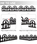 Instructions for Black Garden Border Edging Kit With PP Plastic Metal Free Wrought Iron Look showing alignment and pressing method.