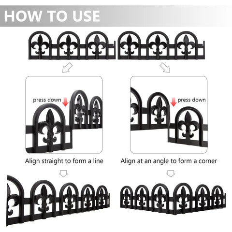 Instructions for Black Garden Border Edging Kit With PP Plastic Metal Free Wrought Iron Look showing alignment and pressing method.