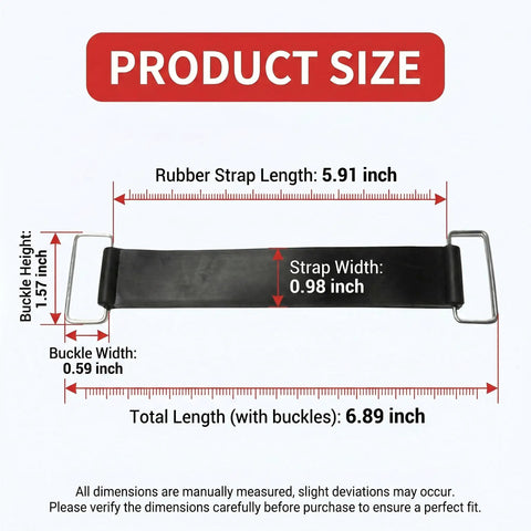 Tough As Nails 2 Pack Motorcycle Battery Strap Slip Free Stretchable Hold Down Rubber Band Black size chart with dimensions