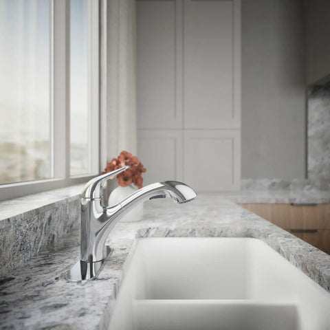 Jolt Pull-Out Kitchen Faucet With Two-Function Sprayhead, Touch Control, 1.5 GPM, Chrome Finish installed on granite countertop