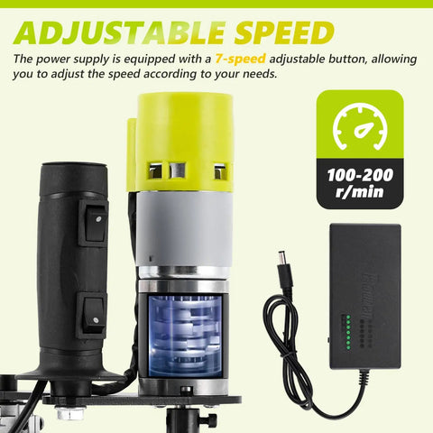 Electric Tapping Machine With Adjustable Tap Tool, Bench Vise, And Four Taps, showing speed range and power supply, 100-200 RPM, 110V.