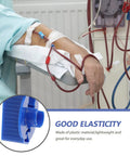 Close-up of Three Pack Peritoneal Flow Control Clips For Dialysis Tubing And Bag Clamp, blue ABS material, on patient's arm.
