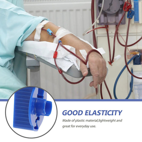 Close-up of Three Pack Peritoneal Flow Control Clips For Dialysis Tubing And Bag Clamp, blue ABS material, on patient's arm.