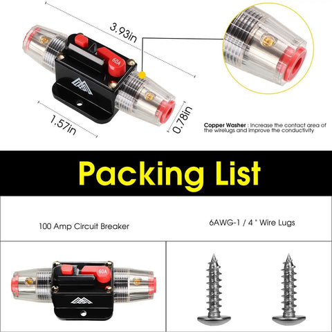 Beefy 60 Amp Circuit Breaker Switch With Waterproof Inline Fuse Holder For 12V To 48V DC, red button, dimensions, screws included