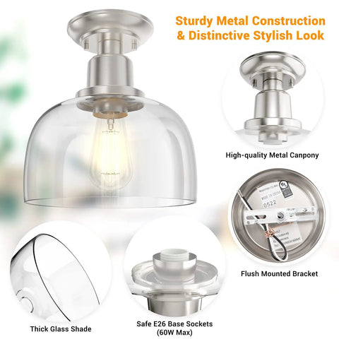 Semi Flush Mount Ceiling Light With Clear Glass Shade in Brushed Nickel Finish, modern retro vibe, highlights canopy and shade