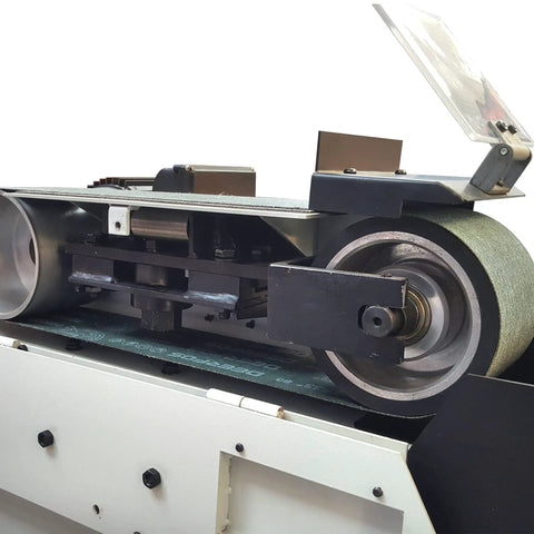 Rugged 4x48 Inch Industrial Belt Grinder With 76 Fps Belt Speed And Rock Hard 2hp Motor for steel projects and metal deburring.