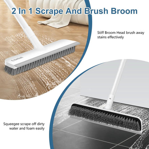 2 In 1 Floor Scrub Brush With 48 Inch Adjustable Handle And Built In Scraper For Tile Shower Tub Deck And Garage Cleaning