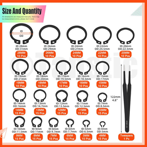 External Retaining Rings Kit 265 Pcs In 21 Sizes For Axles And Shafts Snap Ring Circlip C Clip Assortment Set 4mm To 28mm