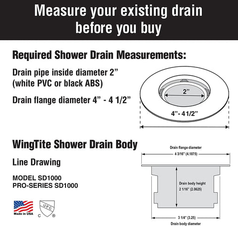 Diagram of Pro Grade New Construction Shower Drain Top Install 2 Inch PVC And ABS UPC Approved 10 Year Warranty Made In USA